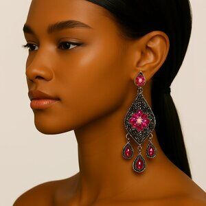Boho Filigree Pink Crystal Fringe Drop Earrings – Women’s Statement Jewelry, 3"